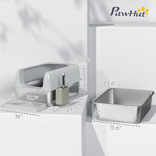 PawHut High Sided Stainless Steel Litter Box with Metal Scoop & Scoop Holder, for Easy Clean& Anti-Urine Leakage, Light Gray