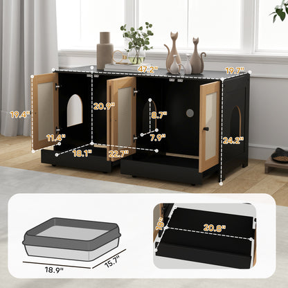 PawHut Cat Litter Box Enclosure w/ 2 Cabinets, Scratching Mats & Trays for 2 Cats or Kittens, Black