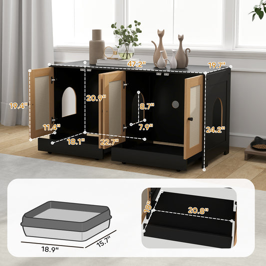 PawHut Cat Litter Box Enclosure w/ 2 Cabinets, Scratching Mats & Trays for 2 Cats or Kittens, Black