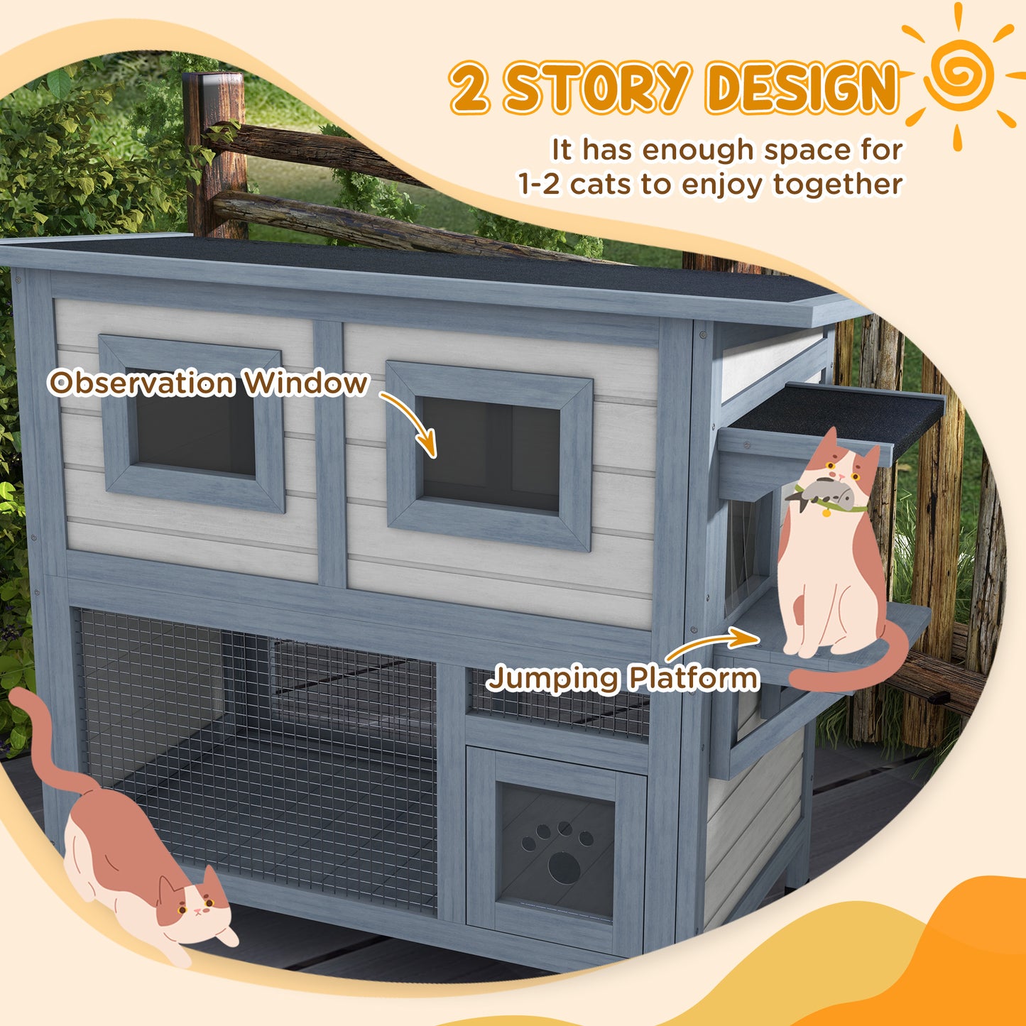 PawHut 2 Tier Outdoor Cat House Weatherproof with Escape Door, Asphalt Roof for Outside, Backyard, Light Gray