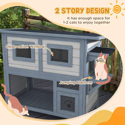 PawHut 2 Tier Outdoor Cat House Weatherproof with Escape Door, Asphalt Roof for Outside, Backyard, Light Gray