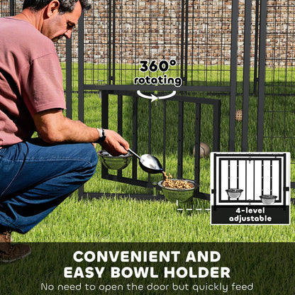 PawHut Welded Wire Outdoor Dog Kennel with 360° Rotating & 4 Levels Adjustable Bowls, Waterproof Cover, 9.8' x 9.8' x 6.8'