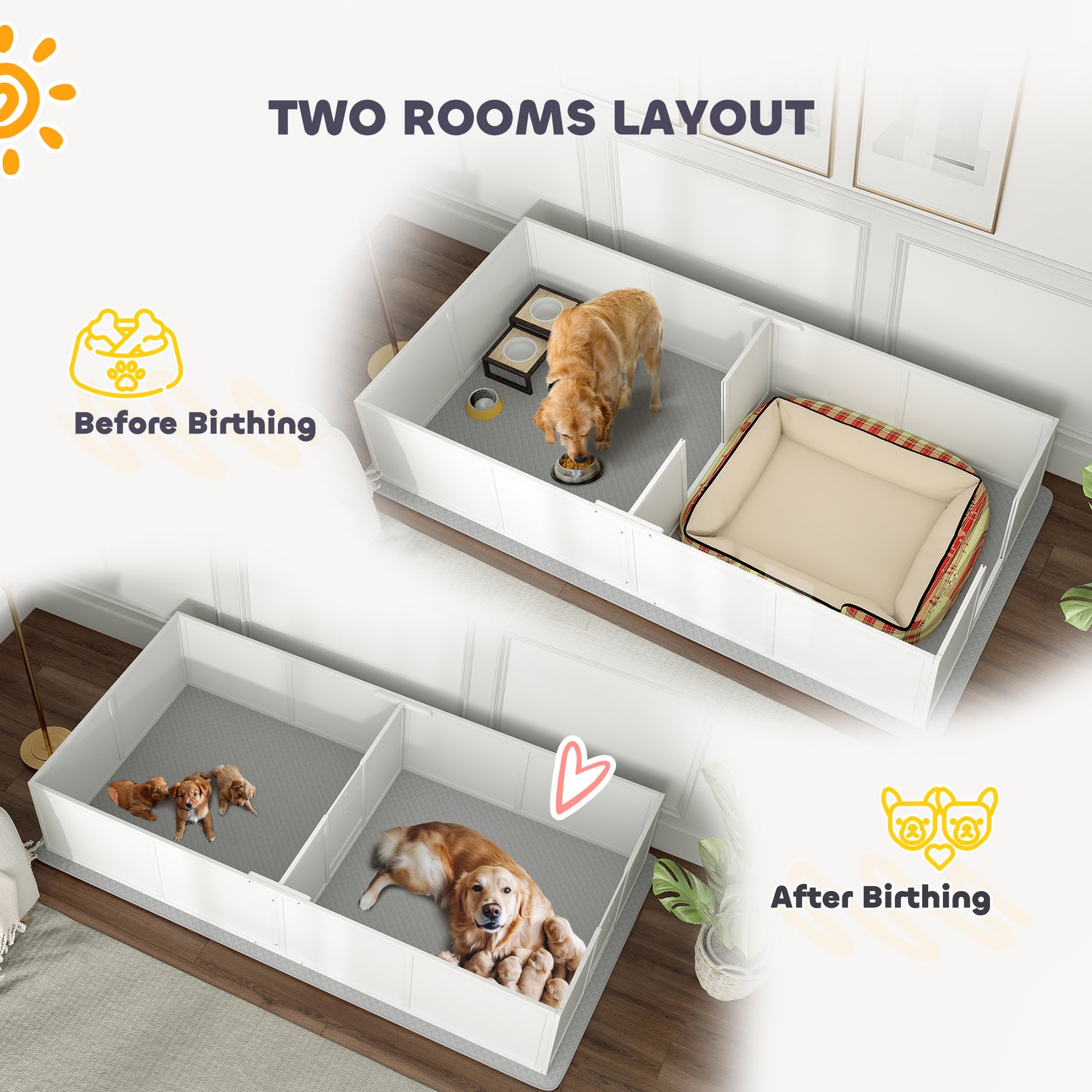 PawHut Whelping Box for Dogs and Puppies w/ Waterproof Pee Pad & Adjustable Door for Large, Medium, Small Dogs,96" x 47" x 19"