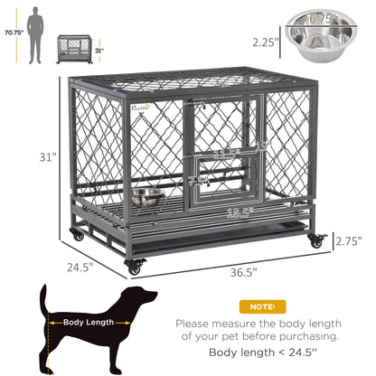 PawHut Heavy Duty Dog Crate, Metal Dog Cage Kennel with Lockable Wheels, Slide-Out Tray, Food Bowl and Double Doors, 36.5"
