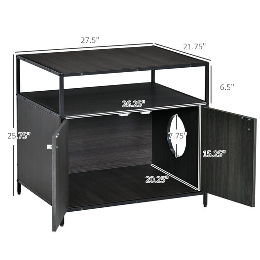 PawHut Wooden Cat Litter Box Enclosure, Hidden Kitten Washroom, Indoor End Table with Magnetic Doors & Storage Shelves, Black