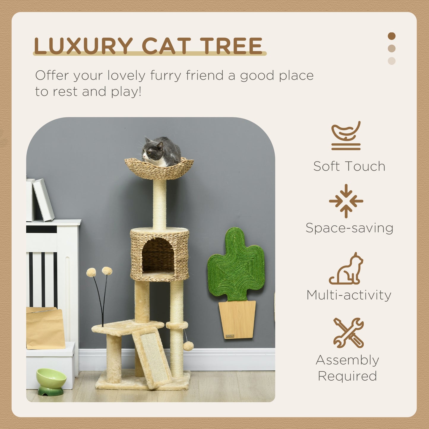 PawHut Cat Tree for Indoor Cats w/ Scratching Posts, Condo Cat Tower, Beige