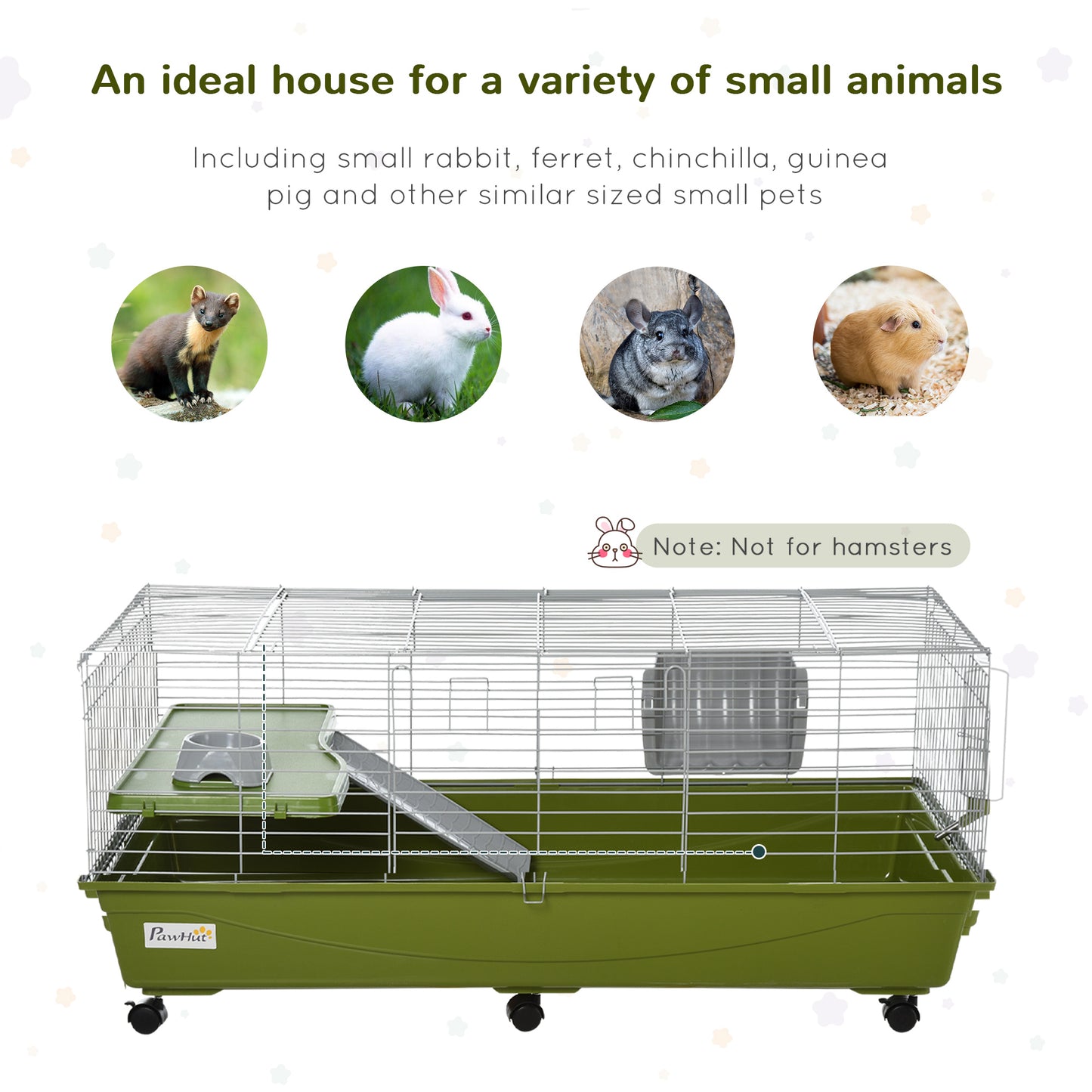 PawHut 47" Small Animal Cage Chinchilla Guinea Pig Hutch Pet House with Platform Ramp, Food Dish, Wheels, & Water Bottle