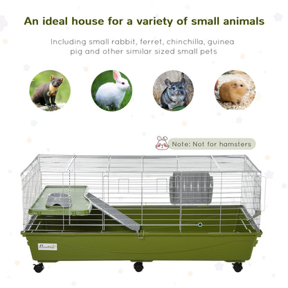 PawHut 47" Small Animal Cage Chinchilla Guinea Pig Hutch Pet House with Platform Ramp, Food Dish, Wheels, & Water Bottle