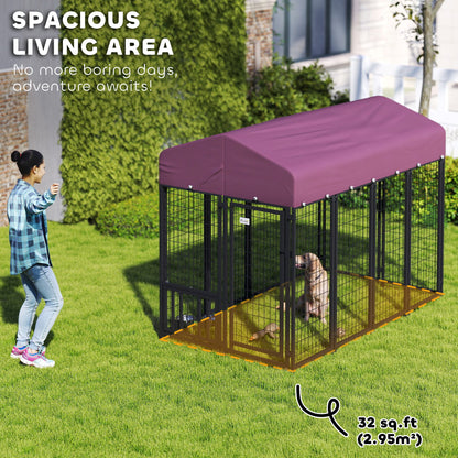 PawHut Welded Wire Outdoor Dog Kennel with 360° Rotating & 4 Levels Adjustable Bowls, Waterproof Cover, 7.9' x 4' x 6'