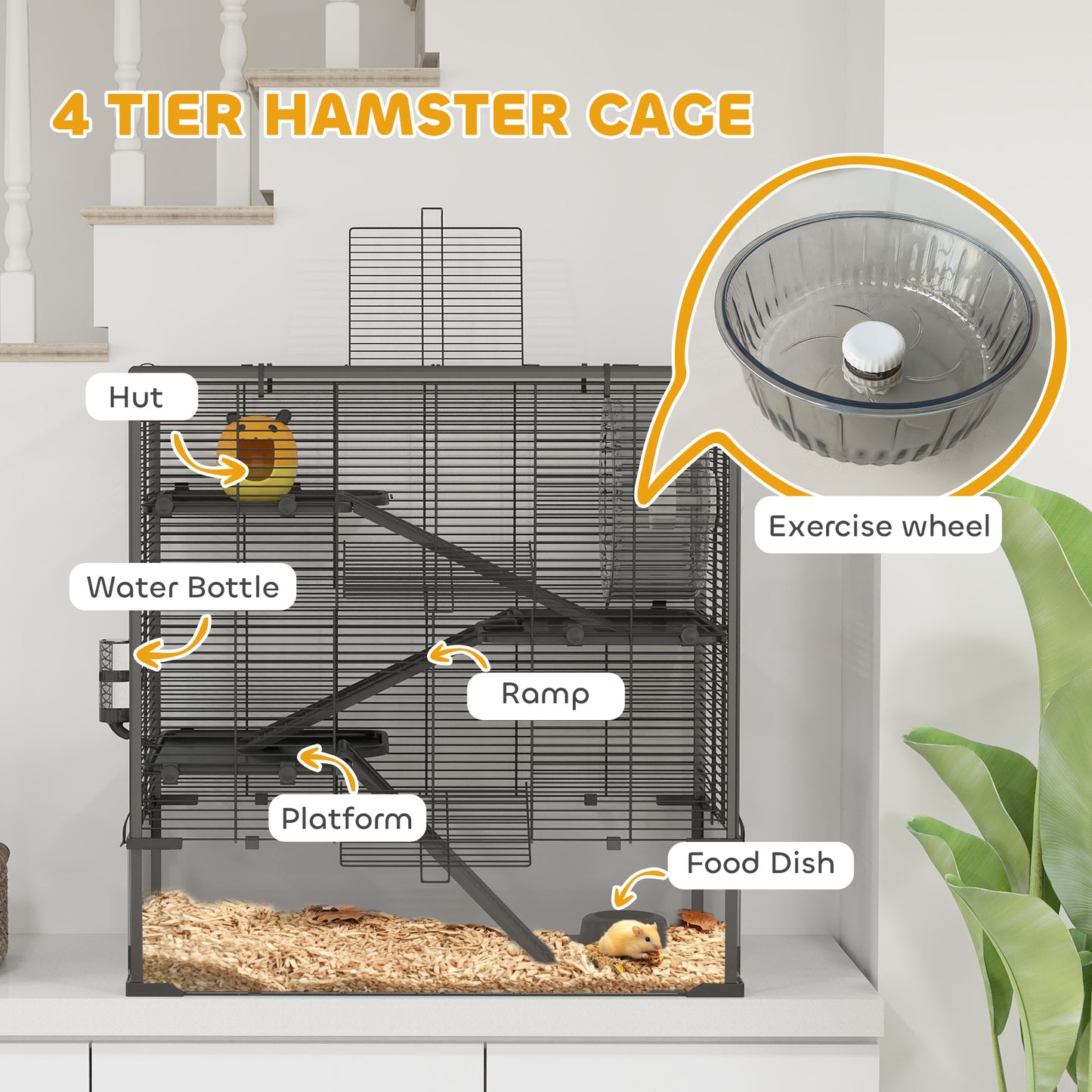 PawHut 4 Tier Hamster Cage with Deep Tempered Glass Bottom, Running Wheel, Hut, Water Bottle, Food Dish, 31" x 19" x 31.5"