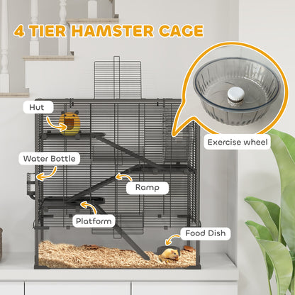 PawHut 4 Tier Hamster Cage with Deep Tempered Glass Bottom, Running Wheel, Hut, Water Bottle, Food Dish, 31" x 19" x 31.5"