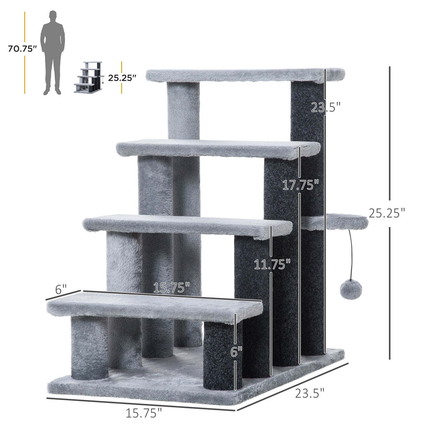 PawHut Cat Tree, Cat Tower Cat Stair Steps with Scratching Post, Hanging Play Ball for High Bed, Sofa, Indoor / Outdoor