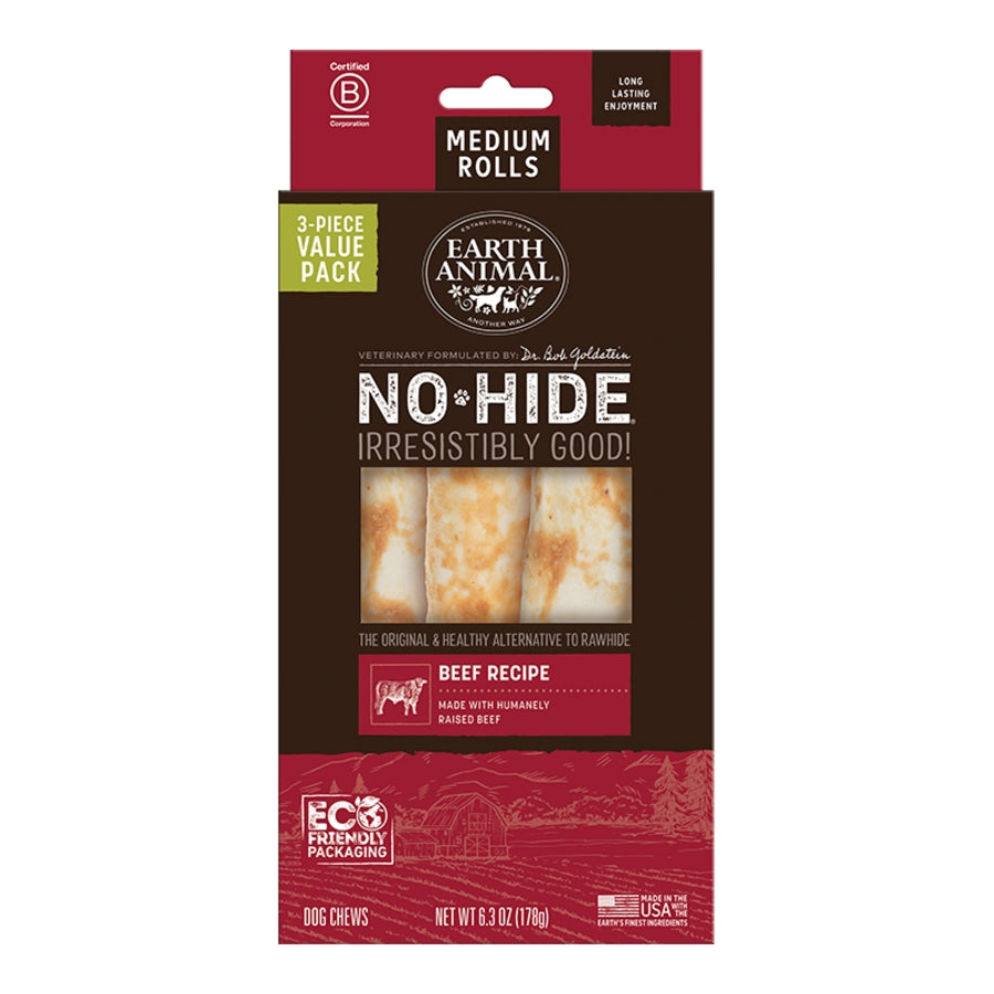 EARTH ANIMAL DOG NO-HIDE BEEF ROLLS MEDIUM VALUE 3 PACK