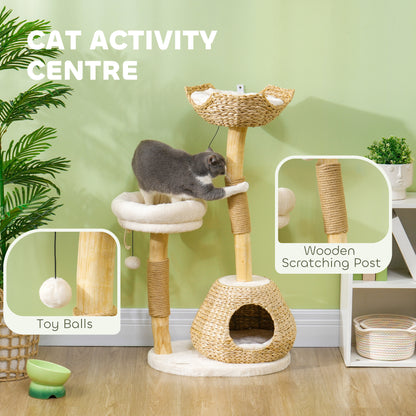 PawHut 41" Cat Tree for Indoor Cats with Wooden Cat Scratching Posts, Cat Condo, Cat Beds & Toy Balls, Cream White