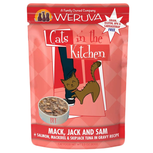 Cats In The Kitchen Mack, Jack & Sam Salmon, Mackerel & Skipjack Tuna in Gravy 3oz. Pouch (Case of 12)