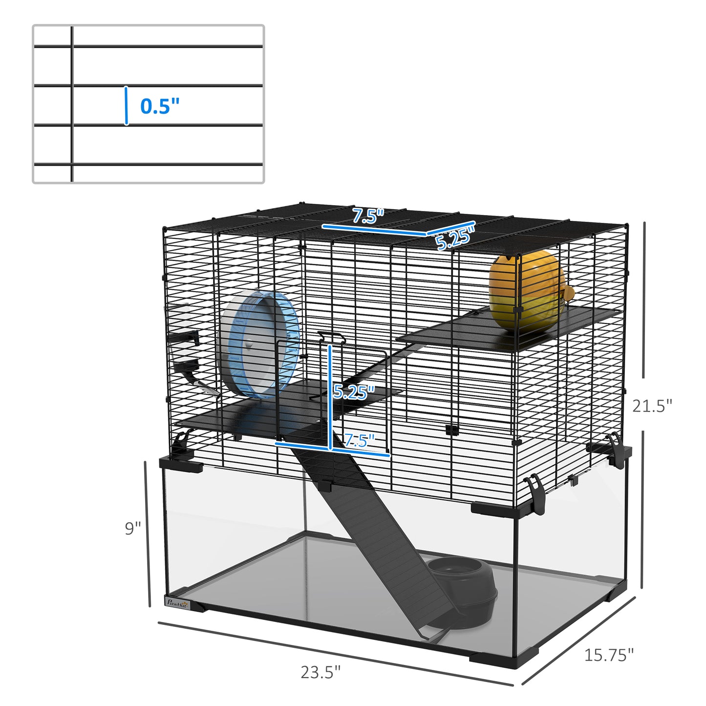 PawHut 23.5" Hamster Cage, Gerbil Cage with Glass Basin for Small Hamsters, Black