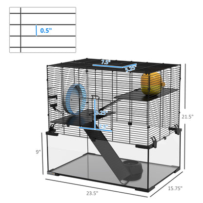 PawHut 23.5" Hamster Cage, Gerbil Cage with Glass Basin for Small Hamsters, Black