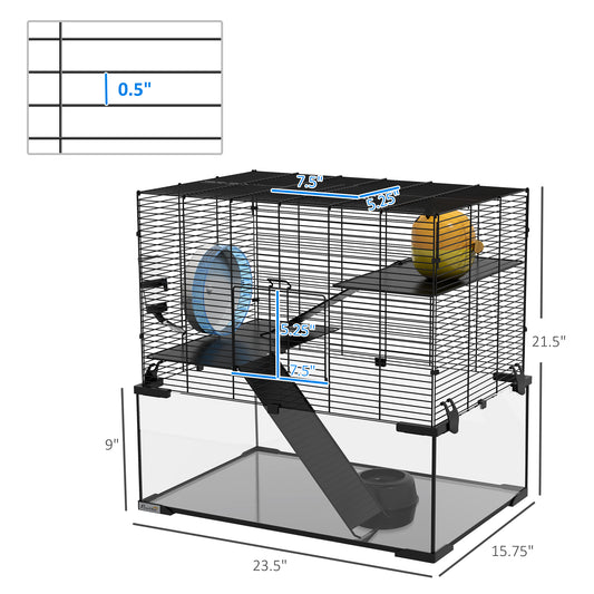 PawHut 23.5" Hamster Cage, Gerbil Cage with Glass Basin for Small Hamsters, Black