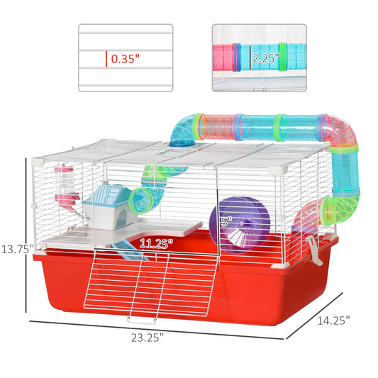 PawHut Large Hamster Cage with Tubes and Tunnels, 2-Level Steel Rat Cage, Small Animal House, Includes Exercise Wheel, Hut, Water Bottle, Food Dish, 23" x 14" x 14", Red