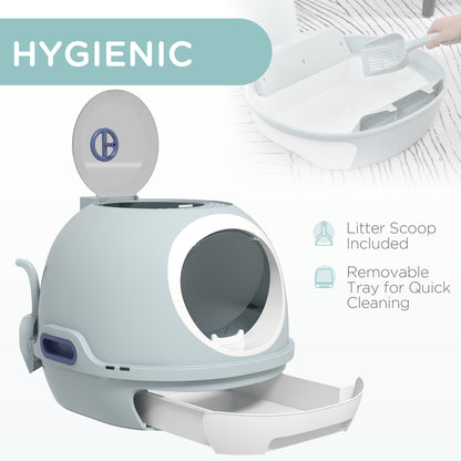 PawHut Cat Litter Box Toilet with Lid, Covered Litter Box with Scoop, Enclosed Drawer, and Skylight, Blue