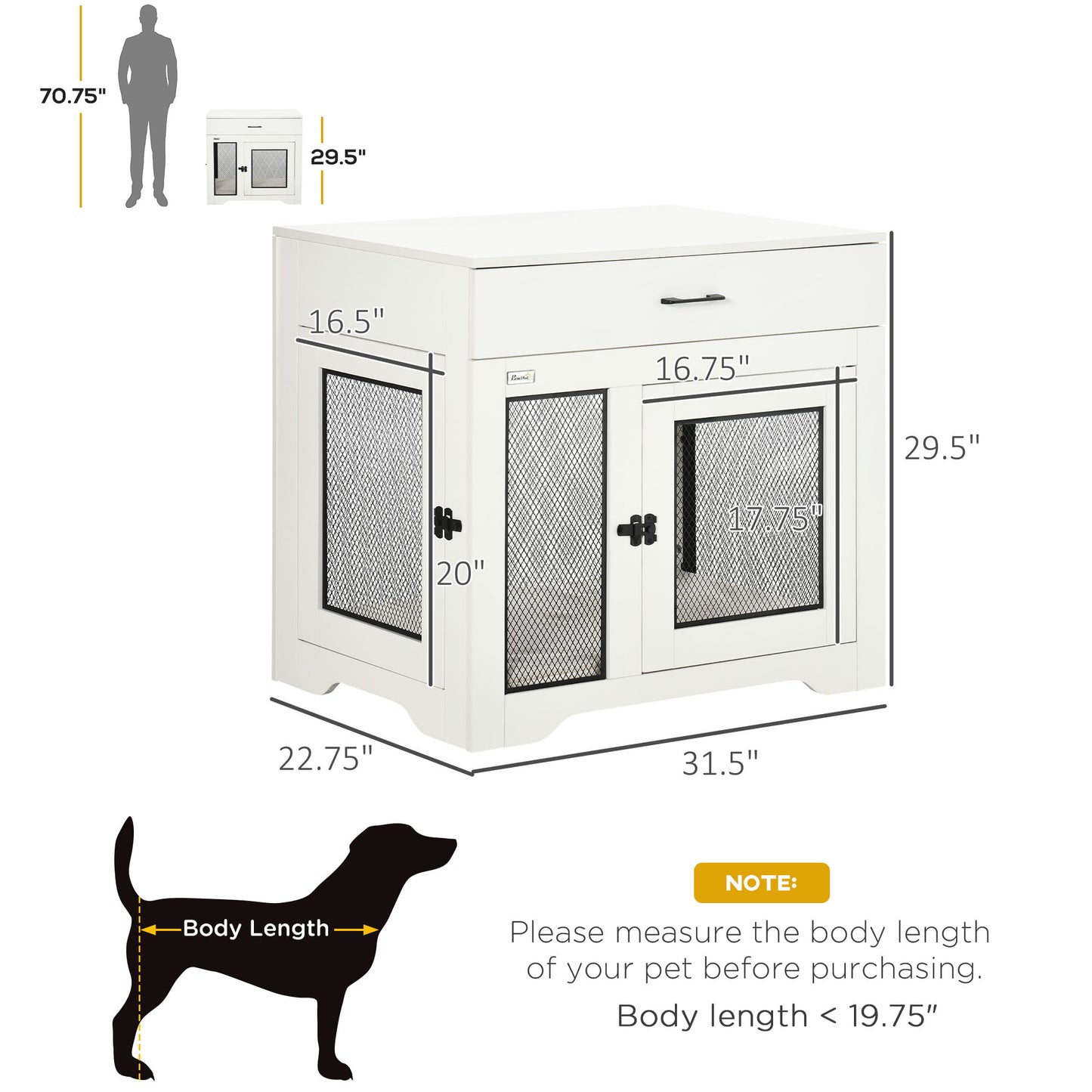 PawHut Dog Crate Furniture with Soft Water-Resistant Cushion, Dog Kennel End Table with Drawer, Puppy Crate for Small Dogs Indoor with 2 Doors, White