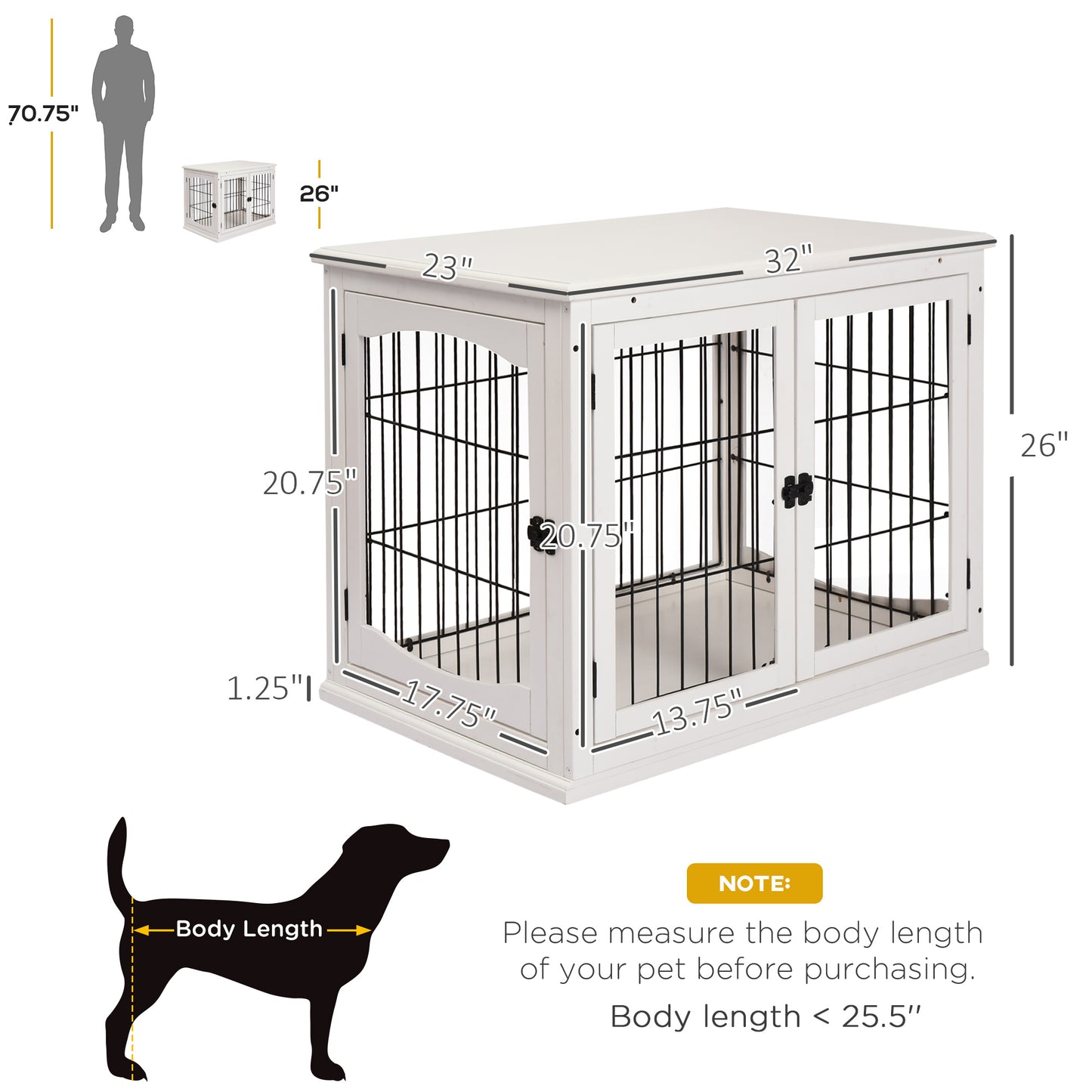 PawHut Dog Crate Furniture, 32" Small Dog Cage End Table with 2 Doors, Lockable Door, Puppy Kennel Indoor, White