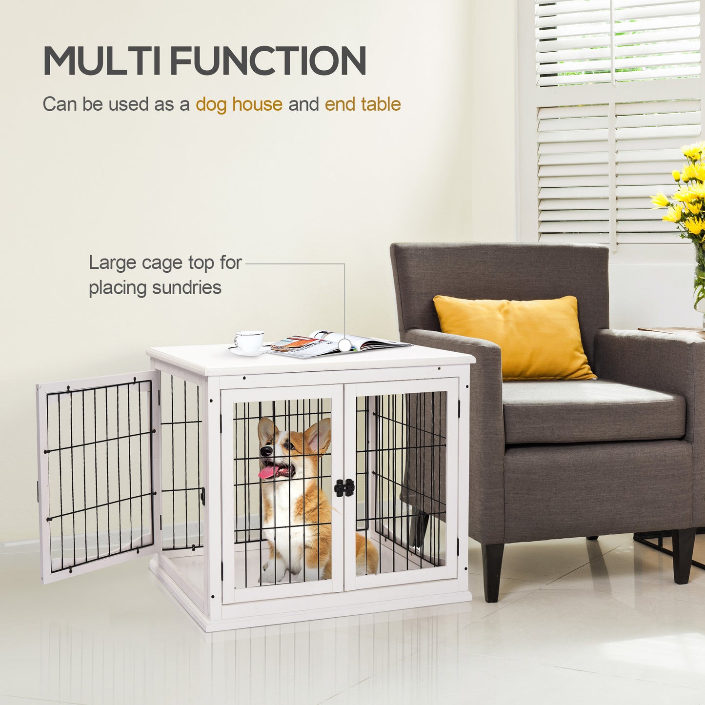 PawHut Dog Crate Furniture, 32" Small Dog Cage End Table with 2 Doors, Lockable Door, Puppy Kennel Indoor, White