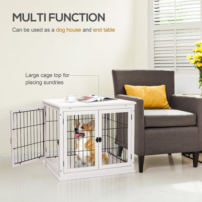PawHut Dog Crate Furniture, 32" Small Dog Cage End Table with 2 Doors, Lockable Door, Puppy Kennel Indoor, White
