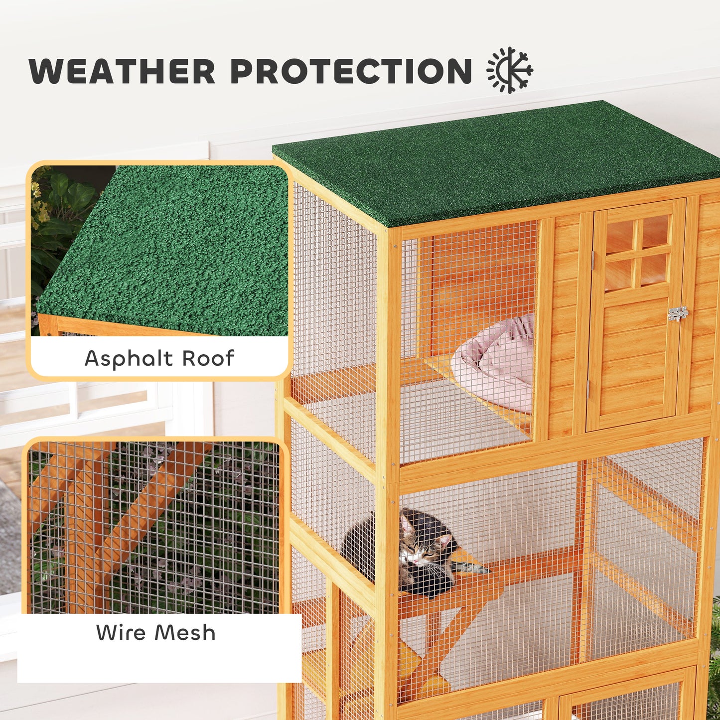 PawHut 74" Wooden Outdoor Cat House Catio Outdoor Cat Enclosure, Orange