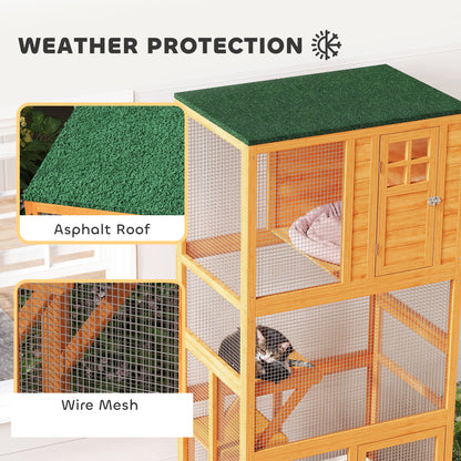 PawHut 74" Wooden Outdoor Cat House Catio Outdoor Cat Enclosure, Orange