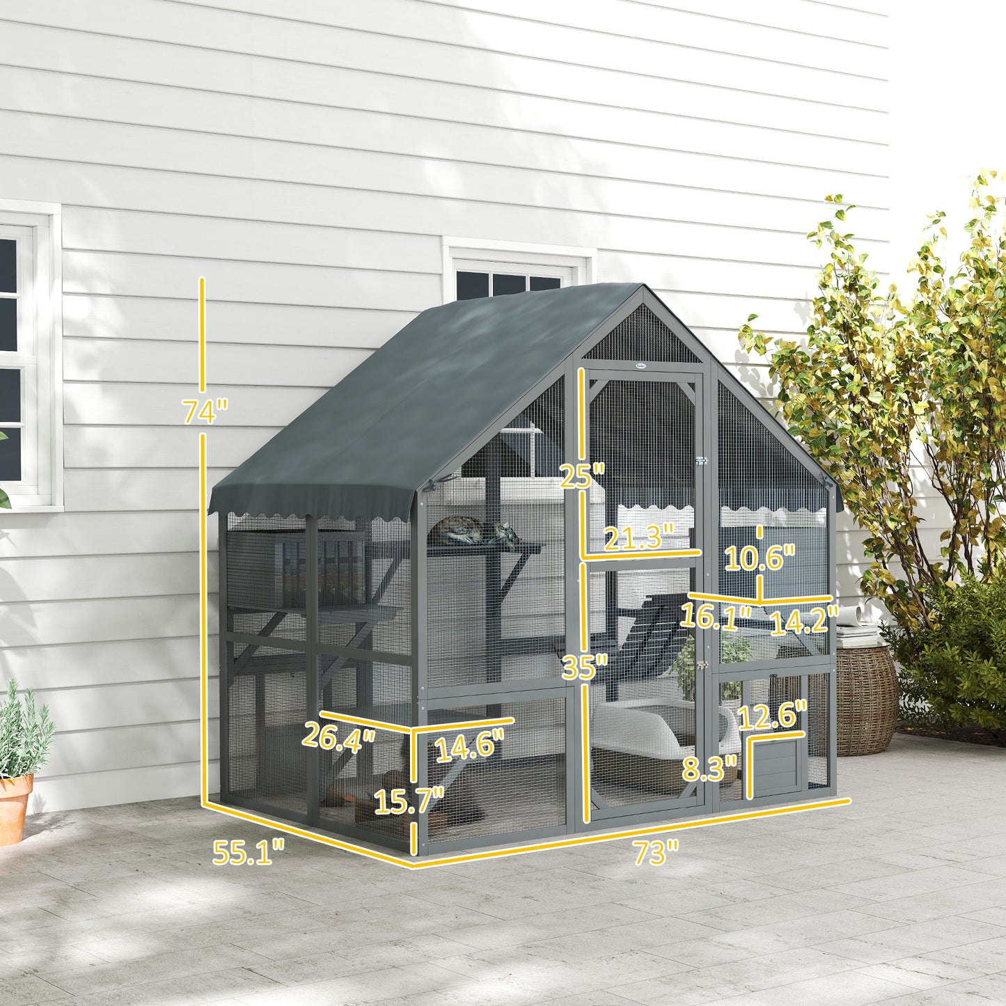 PawHut Wooden Catio Outdoor Cat Enclosure with Waterproof Cover, 2 Condos, 4 Platforms, Bridge, Doors, Gray