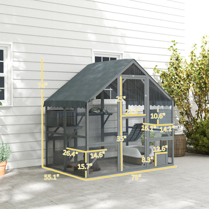 PawHut Wooden Catio Outdoor Cat Enclosure with Waterproof Cover, 2 Condos, 4 Platforms, Bridge, Doors, Gray