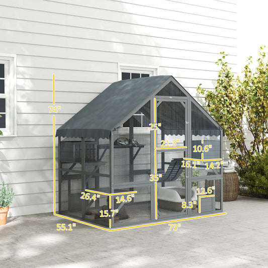 PawHut Wooden Catio Outdoor Cat Enclosure with Waterproof Cover, 2 Condos, 4 Platforms, Bridge, Doors, Gray
