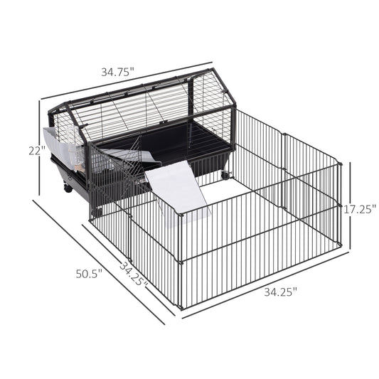 PawHut Rolling Metal Rabbit, Guinea Pig, or Small Animal Hutch Cage with Main House and Run