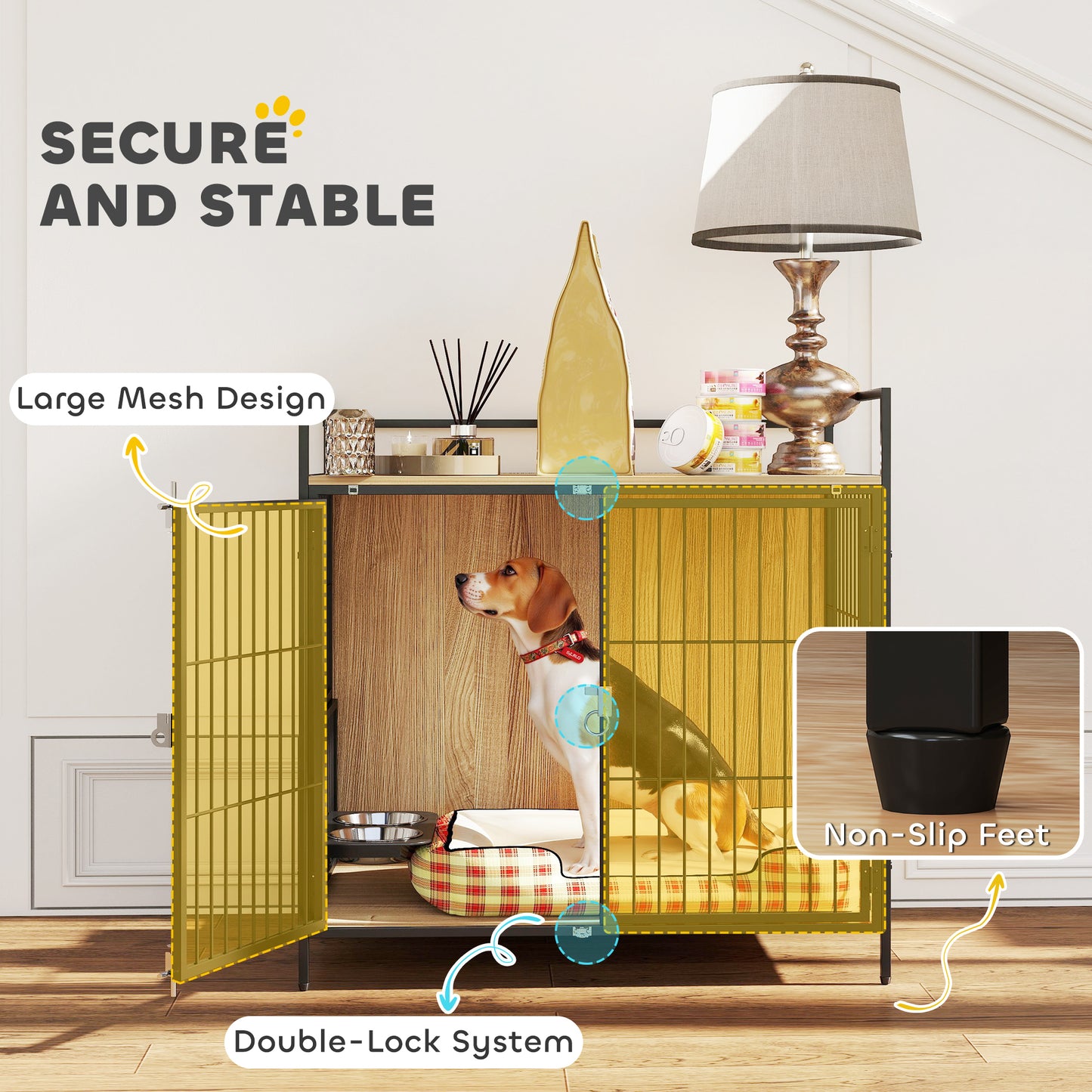 PawHut 30 Inch Dog Crate Furniture, Indoor Pet Kennel Side Table with Rotatable Bowls, 2 Anti-Escape Doors, for M Dogs, Oak