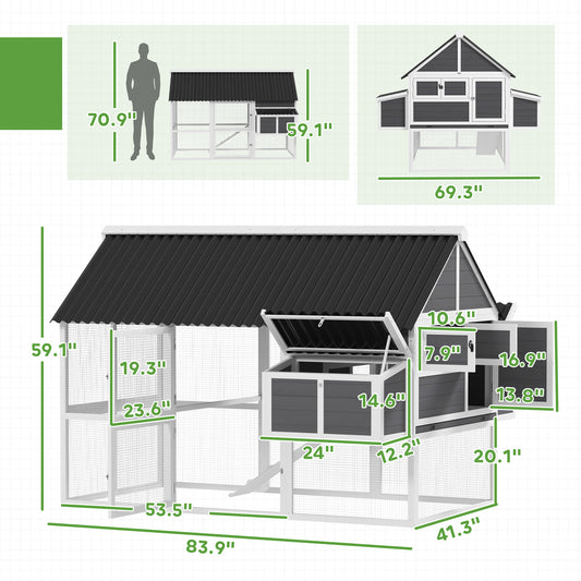 PawHut Wooden Chicken Coop with Run, 2 Nesting Boxes, 2 Roosting Bars, Ramp & Tray, Poultry Cage for 6-8 Chickens, Gray