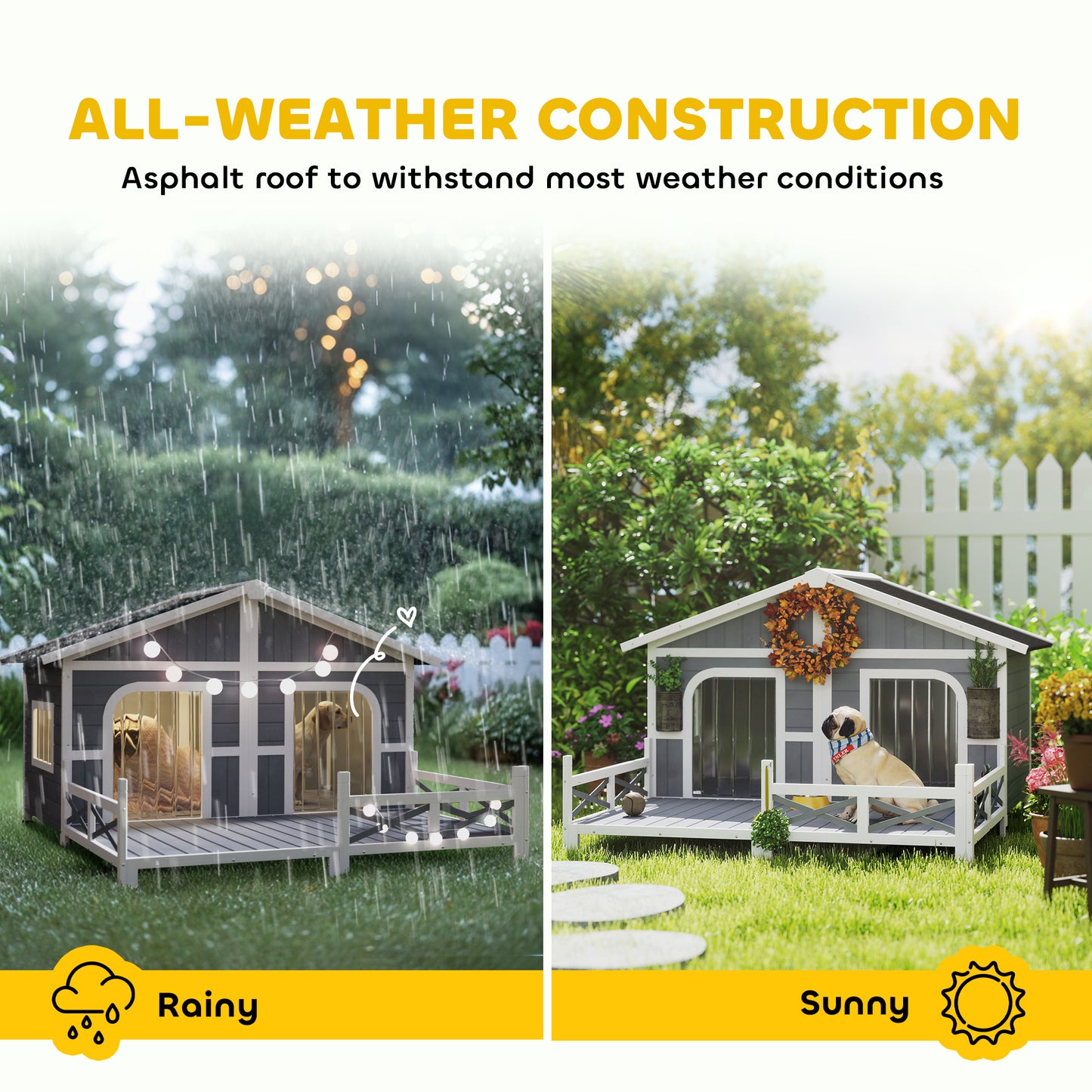 PawHut Dog House Outdoor, Wooden Dog Kennel Weatherproof with Porch, Openable Roof, Removable Bottom, Elevated Floor, Double Room for 2 Small to Medium Breeds, Gray