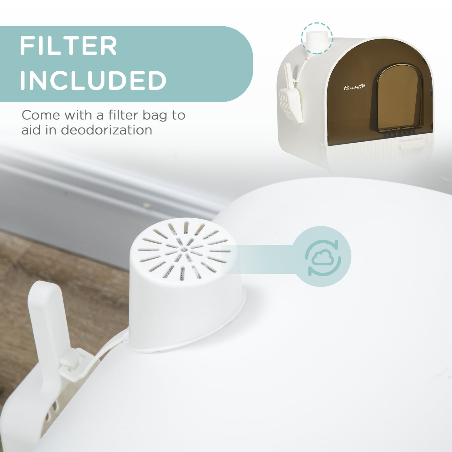 PawHut Cat Litter Box with Lid with Scoop and Filter, White