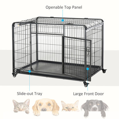 PawHut Folding Design Heavy Duty Metal Dog Cage Crate & Kennel with Removable Tray and Cover, & 4 Locking Wheels, Indoor/Outdoor 49"