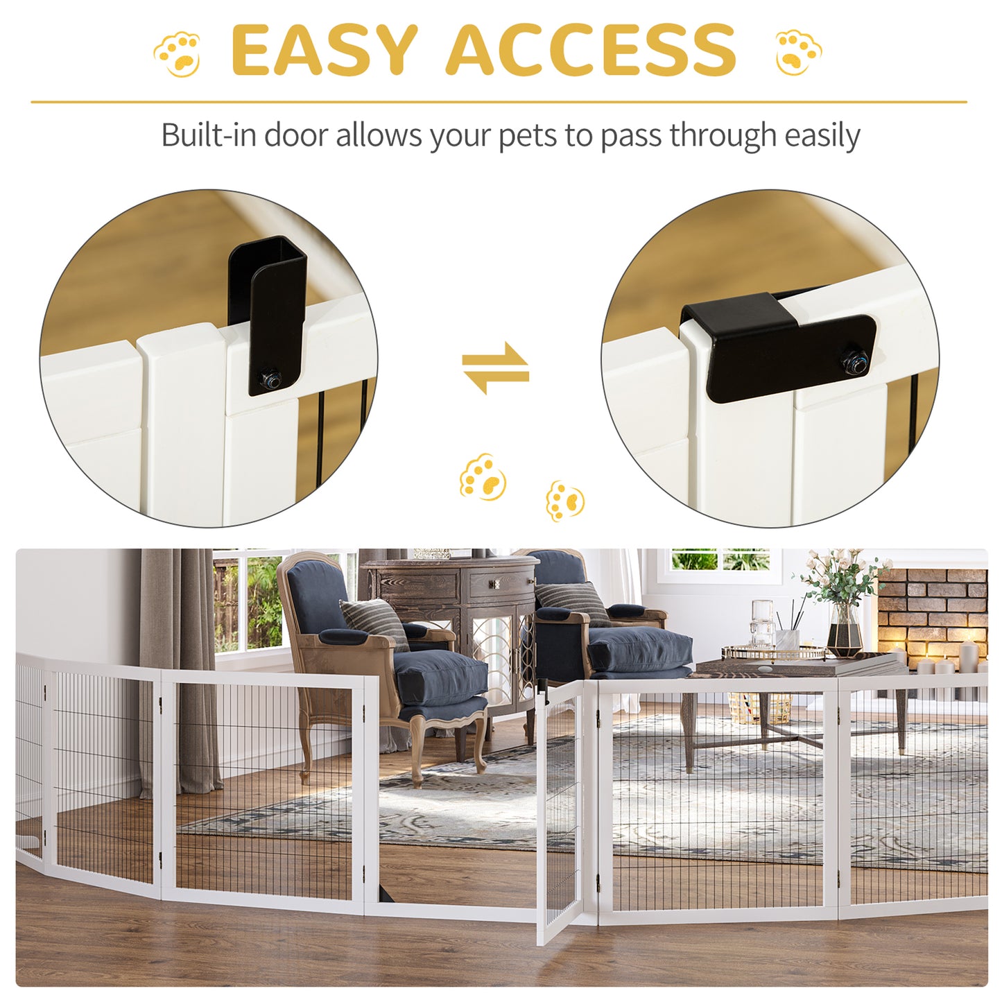 PawHut Wooden Pet Gate, 6-Panel Folding Dog Safety Barrier with Support Feet for Small & Medium Dogs, White