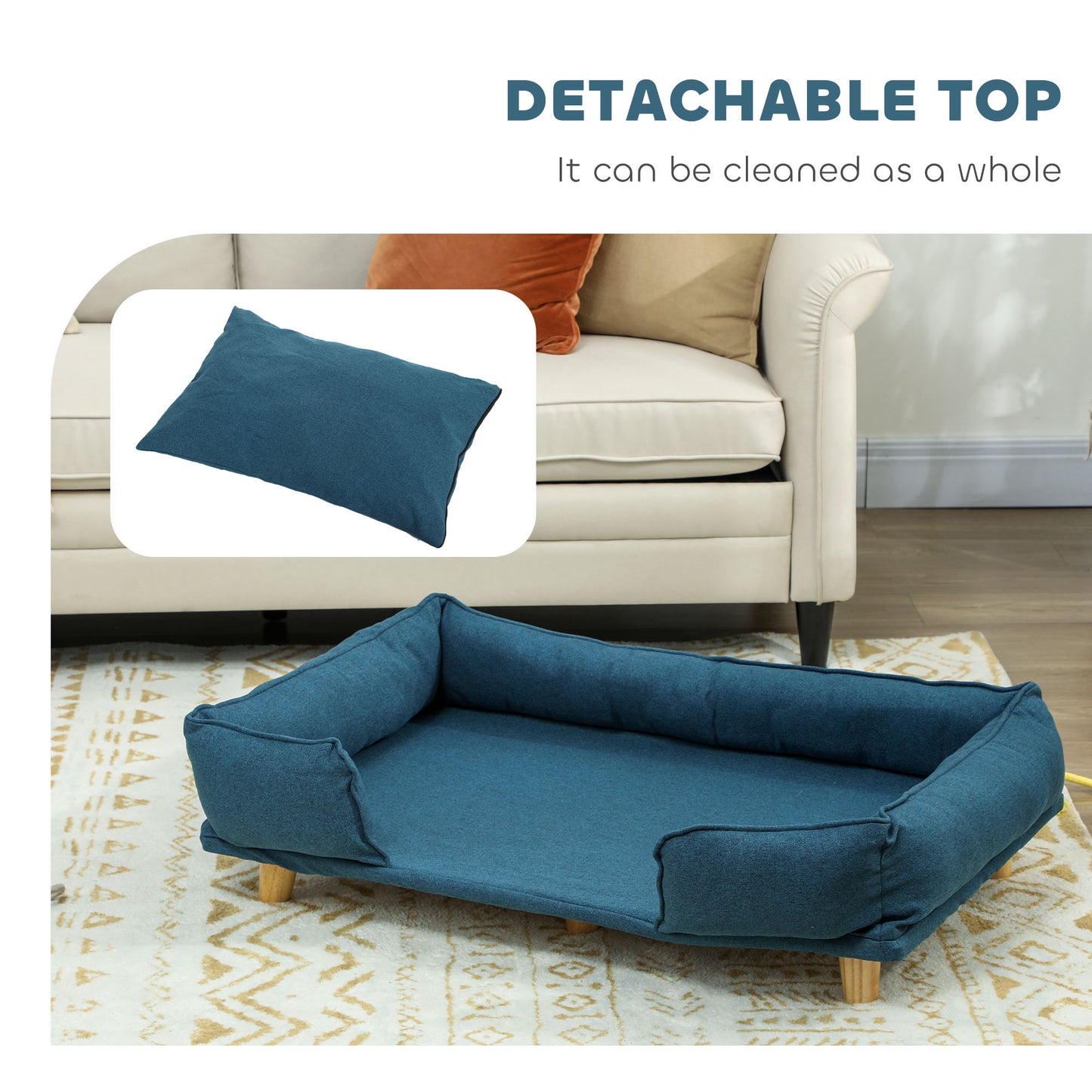 PawHut Raised Dog Couch with Comfortable Cushion, Pine Wood Legs, Foot Pads for Large-Sized Dogs Indoor Use, Dark Blue