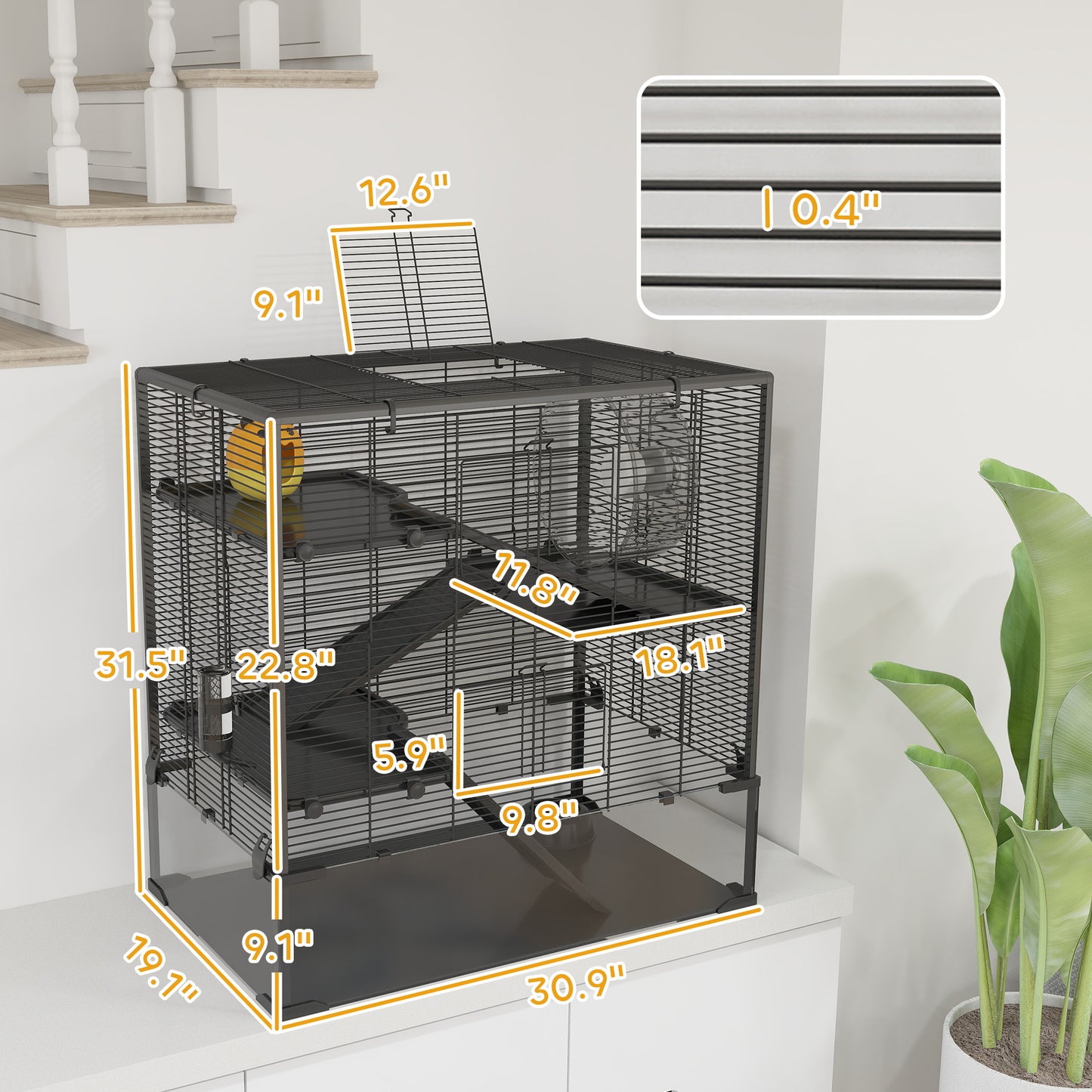 PawHut 4 Tier Hamster Cage with Deep Tempered Glass Bottom, Running Wheel, Hut, Water Bottle, Food Dish, 31" x 19" x 31.5"