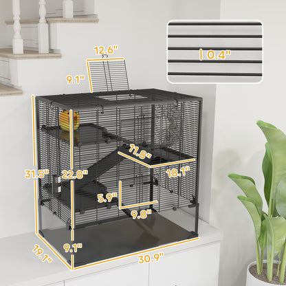 PawHut 4 Tier Hamster Cage with Deep Tempered Glass Bottom, Running Wheel, Hut, Water Bottle, Food Dish, 31" x 19" x 31.5"