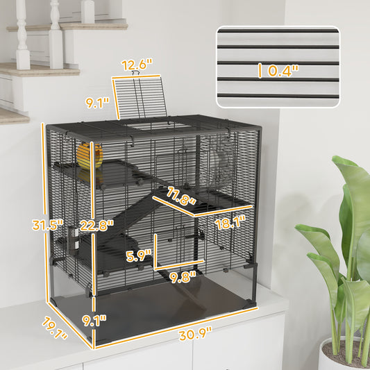 PawHut 4 Tier Hamster Cage with Deep Tempered Glass Bottom, Running Wheel, Hut, Water Bottle, Food Dish, 31" x 19" x 31.5"