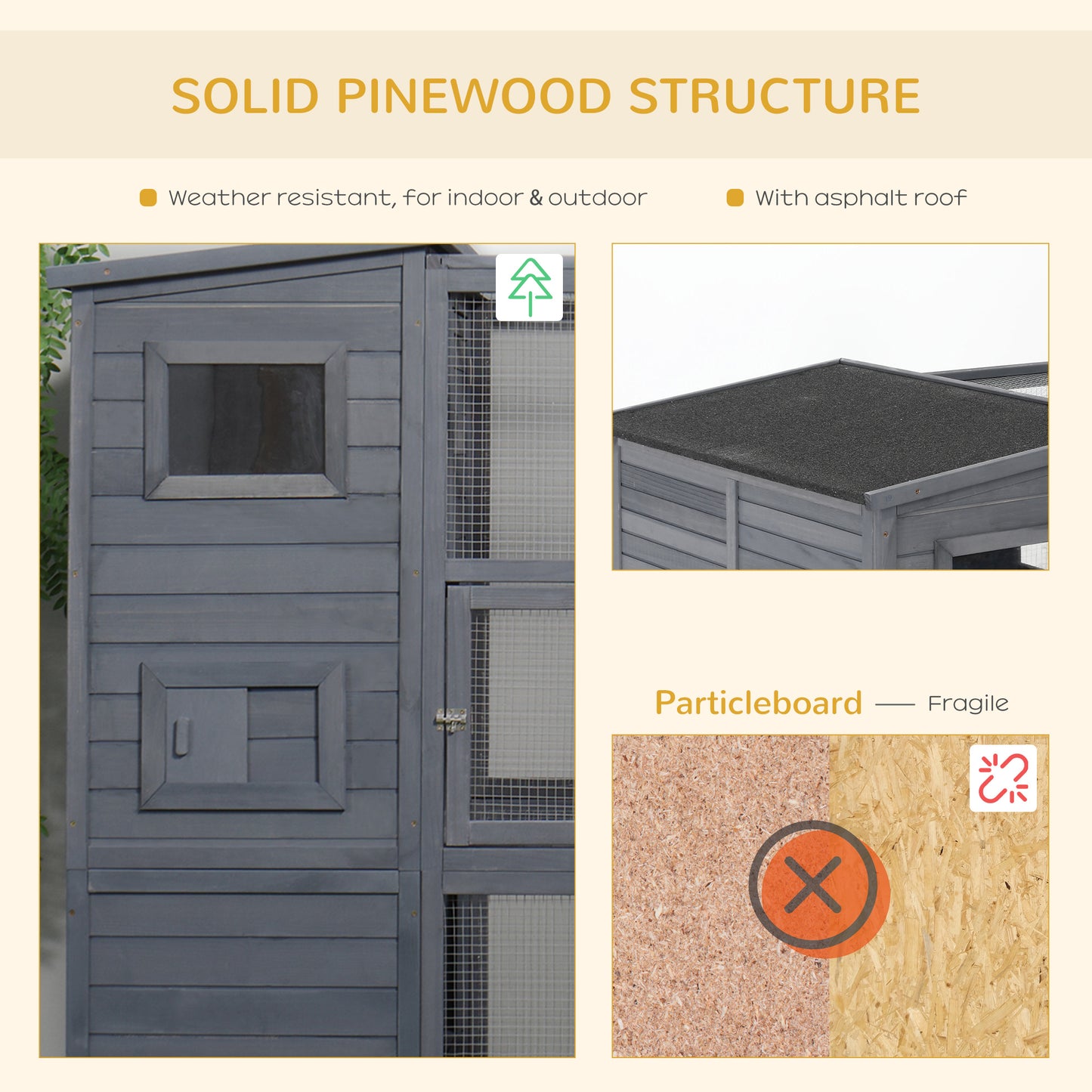 PawHut Wooden Outdoor Catio with Platforms, Asphalt Roof, Ramps, Gray