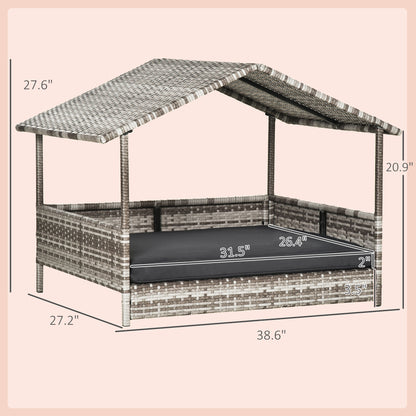 PawHut Wicker Dog House Elevated Raised Rattan Bed with Removable Cushion Lounge, Charcoal Gray