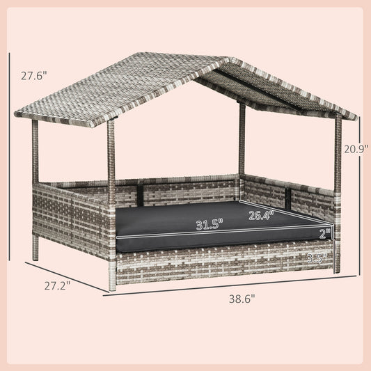 PawHut Wicker Dog House Elevated Raised Rattan Bed with Removable Cushion Lounge, Charcoal Gray