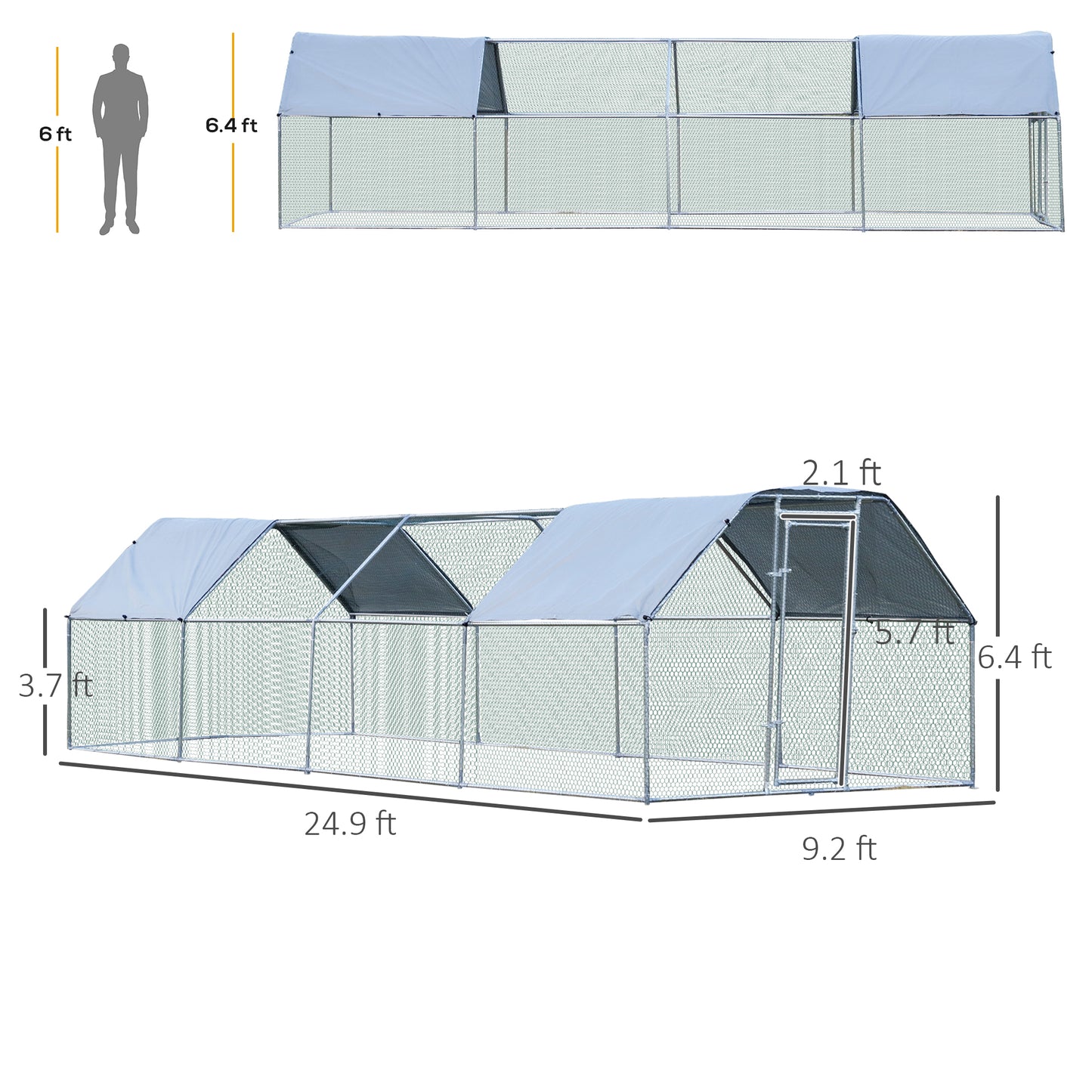 PawHut Large Chicken Coop Metal Chicken Run with Waterproof and Anti-UV Cover, Flat Shaped Walk-in Fence Cage Hen House for Outdoor and Yard Farm Use, 1.3" Tube Diameter, 9' x 24' x 6.5'
