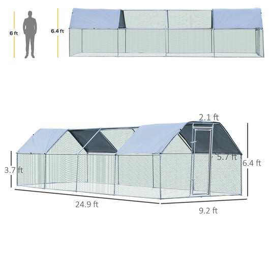 PawHut Large Chicken Coop Metal Chicken Run with Waterproof and Anti-UV Cover, Flat Shaped Walk-in Fence Cage Hen House for Outdoor and Yard Farm Use, 1.3" Tube Diameter, 9' x 24' x 6.5'