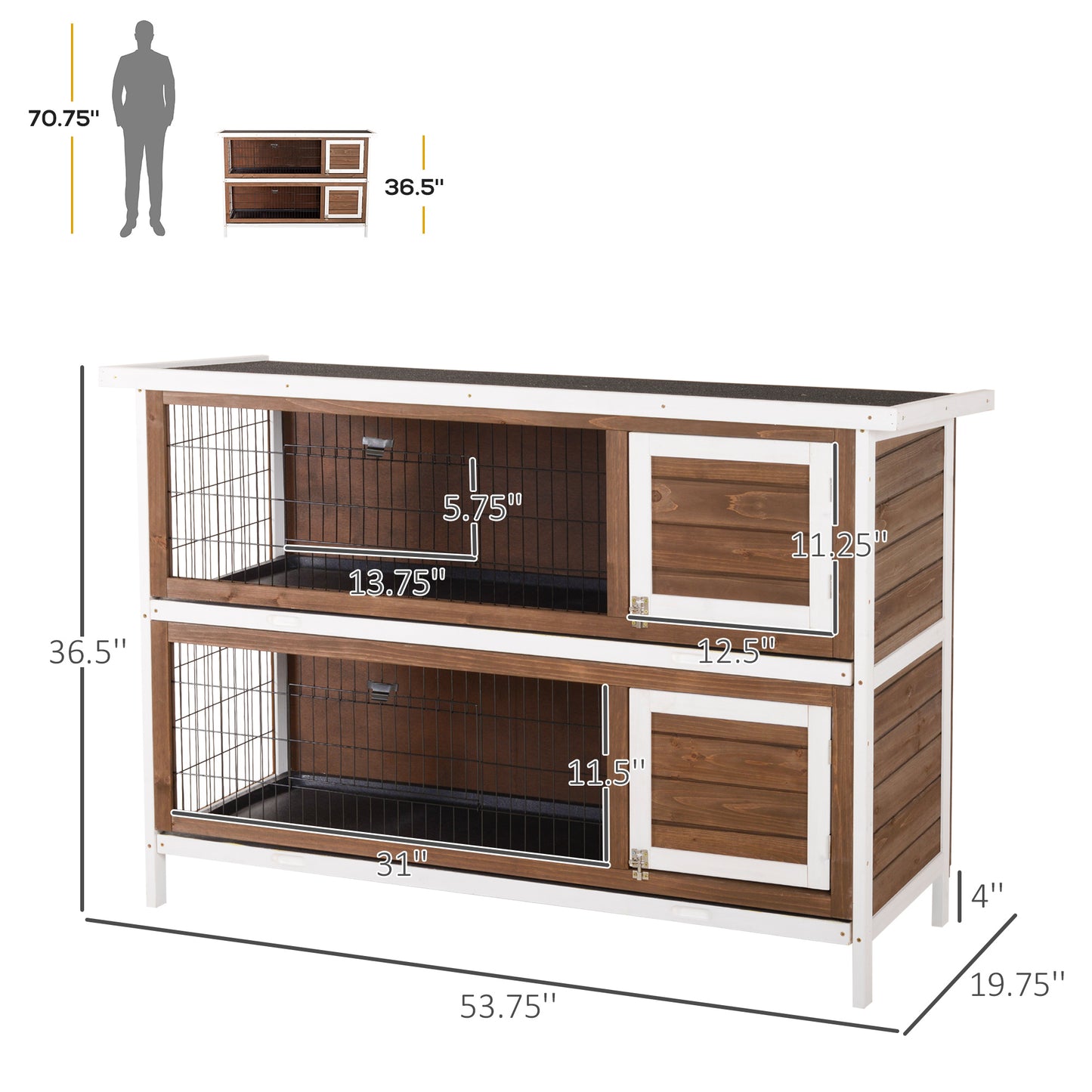 PawHut Wooden Rabbit Hutch w/ Dividers Asphalt Roof for Small Animals & Outdoors, Brown